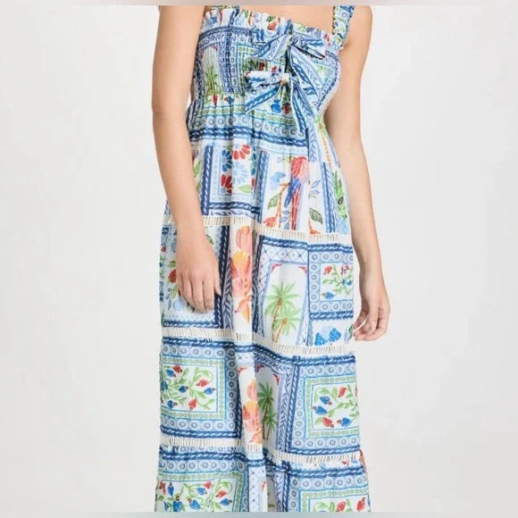 FARM Rio Tropical Tiles Smocked Maxi Dress Boho Floral Size M - Picture 3 of 12